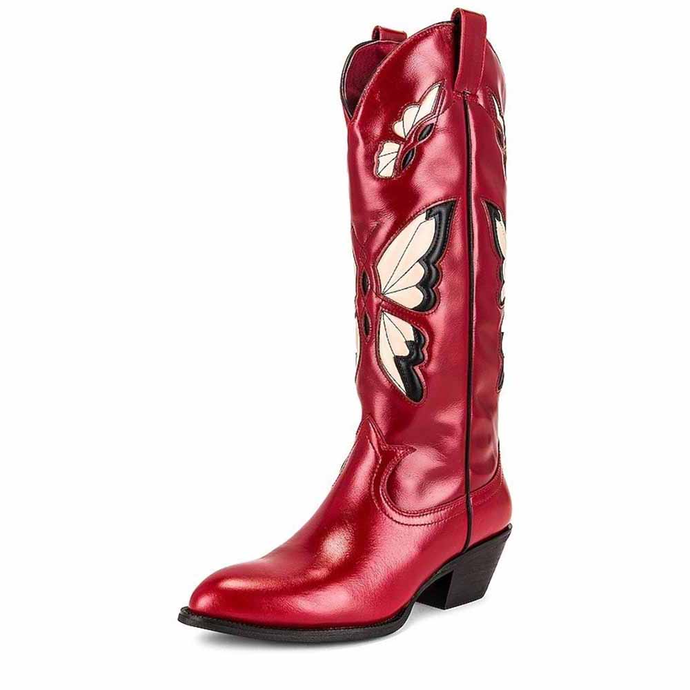 Stylish red butterfly western boots for women with intricate butterfly designs and a fashionable heel