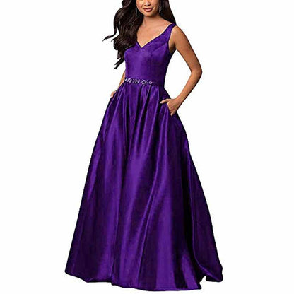 Women's Satin Bridesmaid Dress With Pocket Long Formal Evening Party Maxi Dress