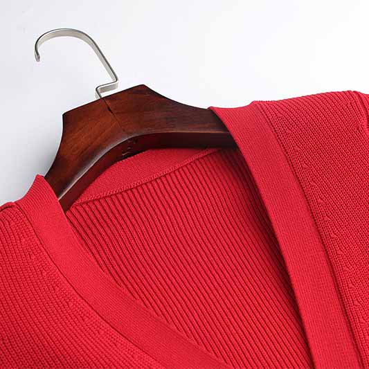 Women Ribbed-knit Red Minidress Short-sleeve Dress V-neck Cockail Dress