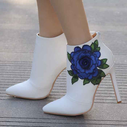 Women's Pointed Toe Ankle Boots White Embroidered Blue Rose Floral Boots