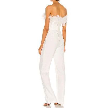 White One Piece Women's Jumpsuts with Feather Pants Romper