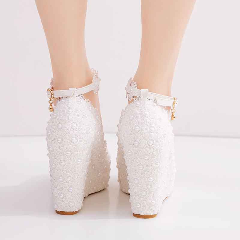 White Lace Wedding Shoes Wedges Heels Platform Wedges Pumps For Bridal