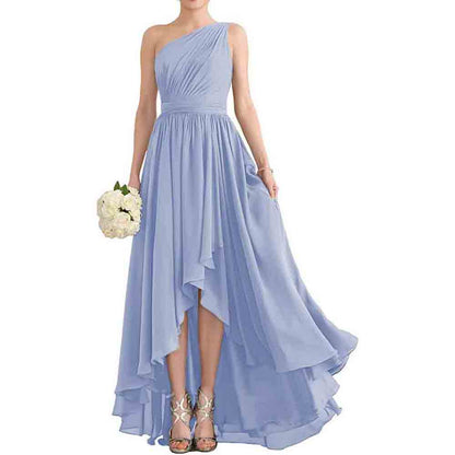 Women's One Shoulder Bridesmaid Dresses High Low Chiffon Evening Formal Gown with Pockets