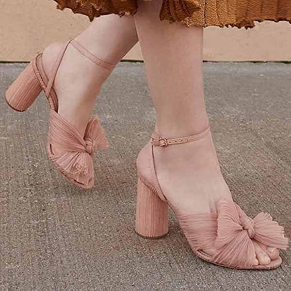 Women's Bow Knot Heeled Sandals Bridal Wedding Open Toe Ankle Strap Chunky Heels