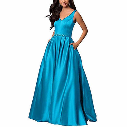 Women's Satin Bridesmaid Dress With Pocket Long Formal Evening Party Maxi Dress
