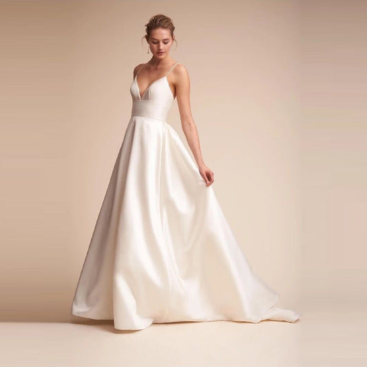 sd-hk White Slip Wedding Dress V Neck Floor-length Wedding Dress