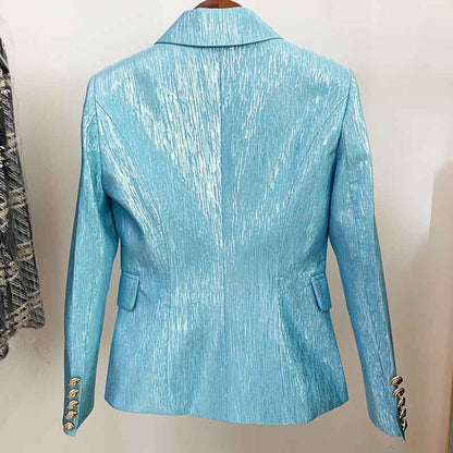 Women's Metal Lion Buttons Blue Fitted Blazer Coat