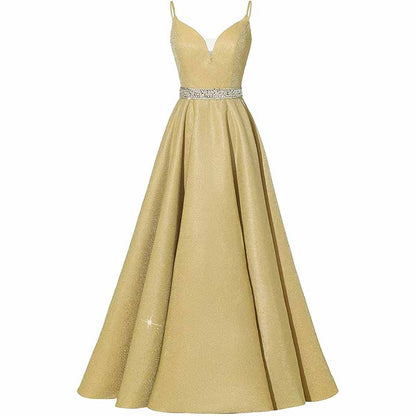 Women Prom Dress Long V-Neck Spaghetti Beaded Belt Formal Evening Ball Gowns