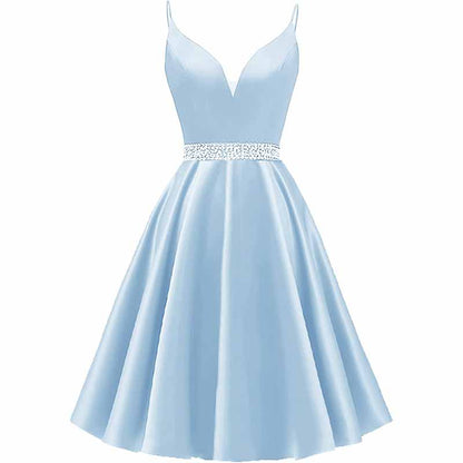 Girls Spaghetti Short Satin Prom Dress V-Neck Beaded Homecoming Evening Party Gowns