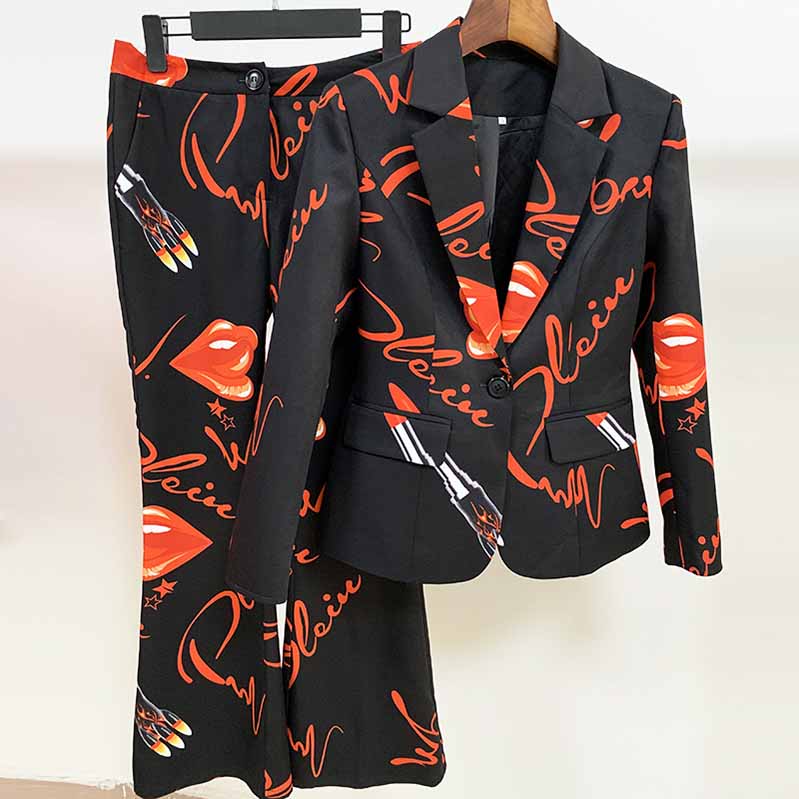 Womens Black Printing Blazer + Flare Trousers Suit Two Piece Formal Pantsuits