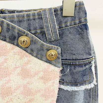 Women Luxury Denim Pink Houndstooth Tweed Jacket Coat Top + Mini Skirt 2 Piece Suit
