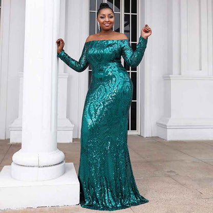 Women Plus Size Green Sequin Prom Dress Evening Maxi Dresses for Weddings