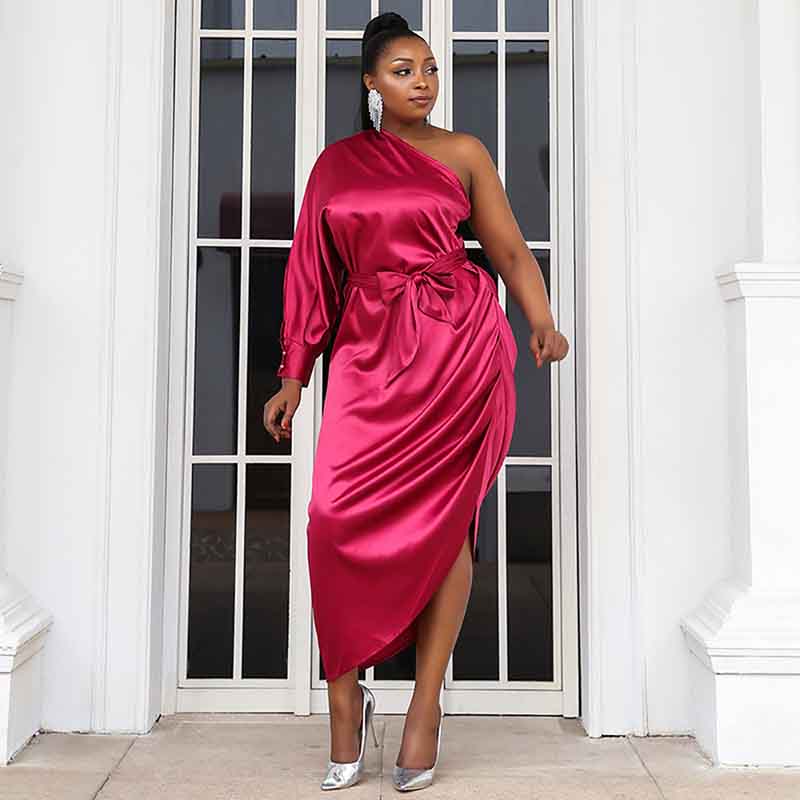 Women's Plus Size Sexy One Shoulder Satin Rosy Midi Cocktail Dress