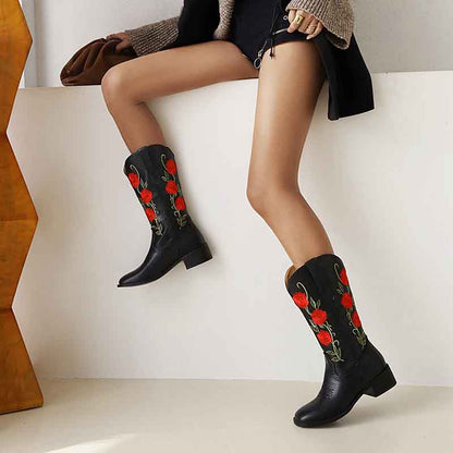 Women's Cowgirl Short Boots Embroidered Boots Chunky Black Boots