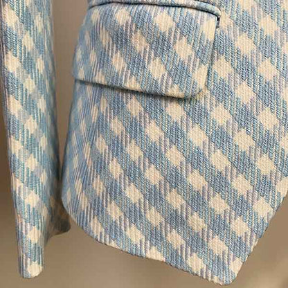 Women's Fitted Golden Lion Buttons Luxury Blue Checked Blazer