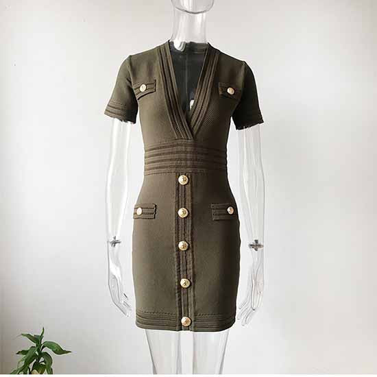 Women Button-up Knitted Minidress Ribbed-knit Short-sleeve Dress