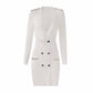 Women White Button-up Knitted Dress V Neck Long Sleeves ribbed-knit Dress