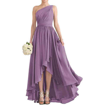 Women's One Shoulder Bridesmaid Dresses High Low Chiffon Evening Formal Gown with Pockets