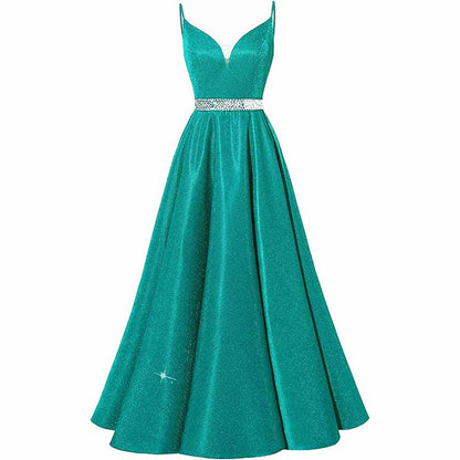 Women Prom Dress Long V-Neck Spaghetti Beaded Belt Formal Evening Ball Gowns