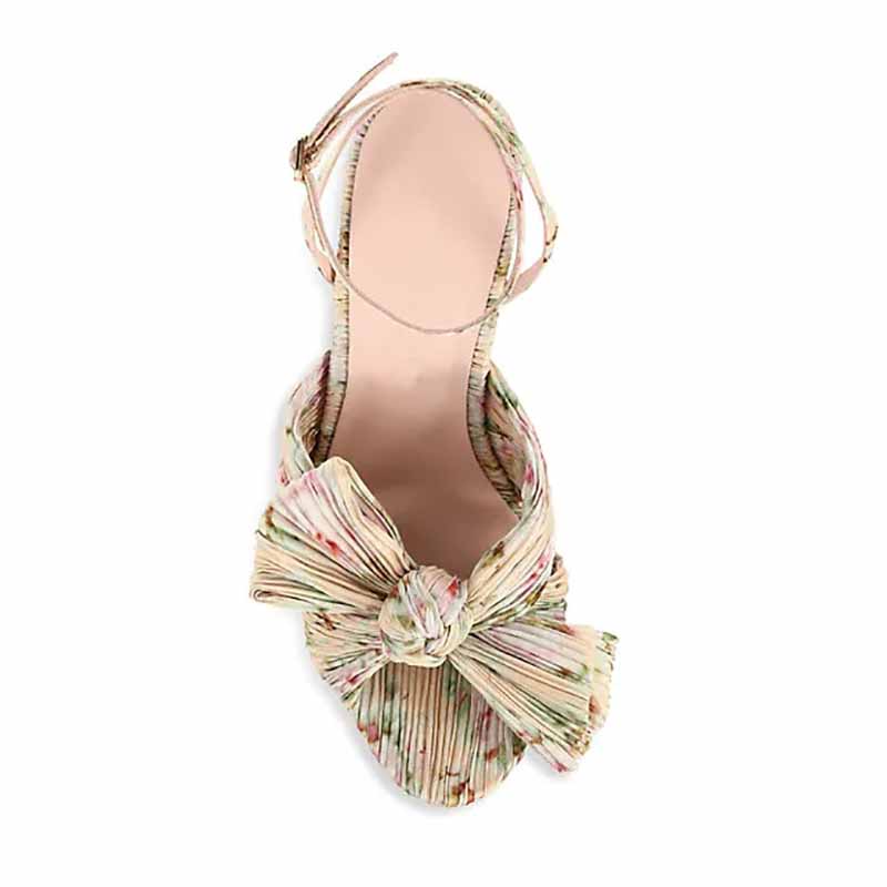 Women Pleated Knot Heeled Sandal with Ankle Strap Summer Bridesmaid Dress Shoes