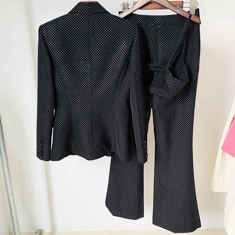 Women Black Bling Bling Bra+ Blazer + Flare Trousers 3 Pieces Suit