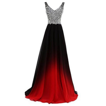 Gradient Formal Evening Gowns Beaded Ombre Chiffon Long Prom Dresses