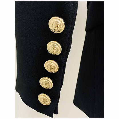 Womens Black Metal Coat Double Breasted Lion Button Blazer with Belt Outwear