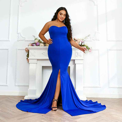 Women Prom Gown Plus Size Strapless Slit Front Wedding Evening Party Maxi Dress