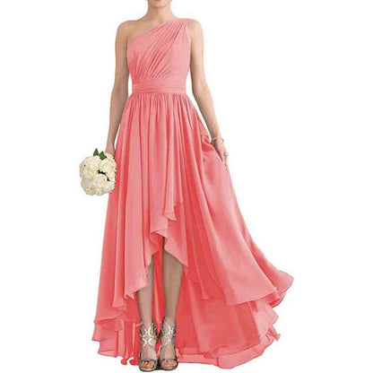 Women's One Shoulder Bridesmaid Dresses High Low Chiffon Evening Formal Gown with Pockets