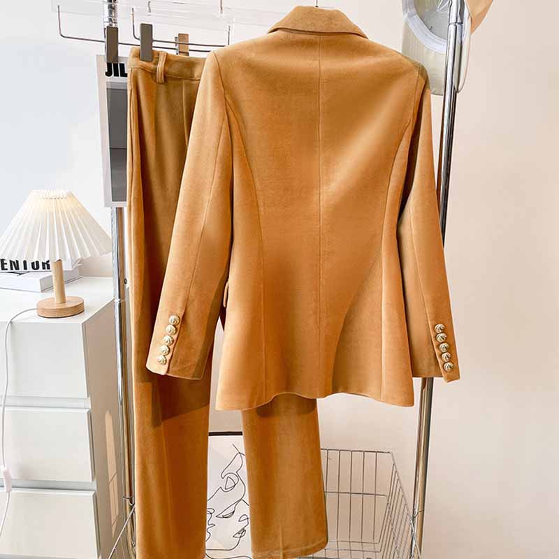 Camel velvet women's pantsuit featuring a tailored blazer and matching trousers for stylish outfits