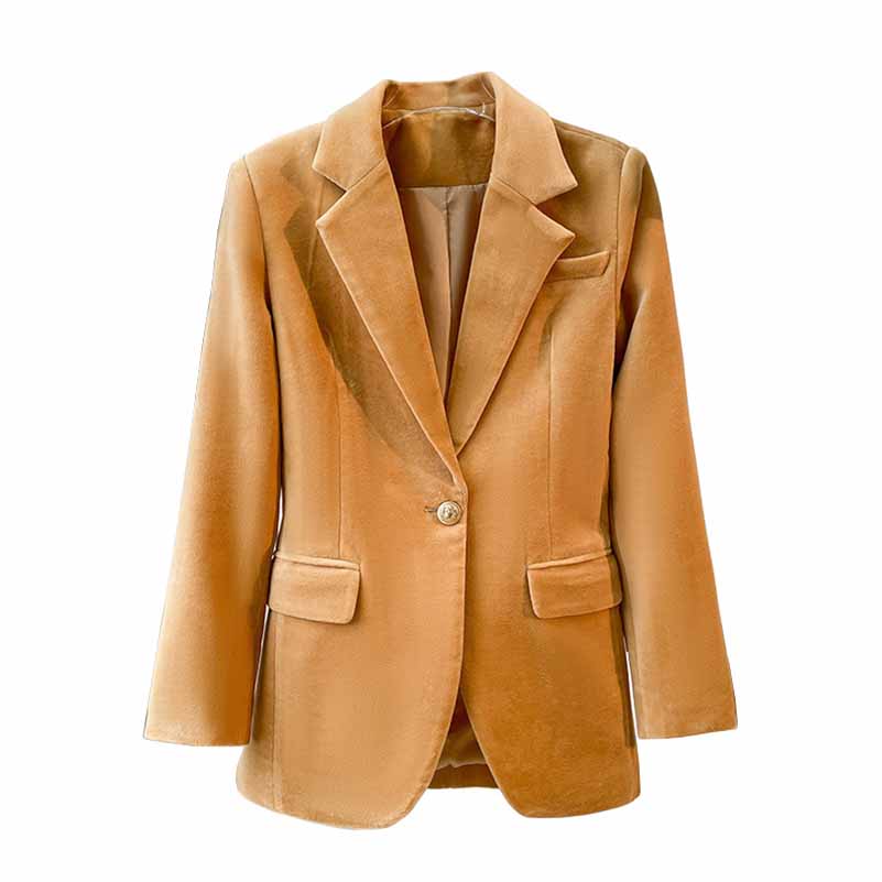 Camel velvet women's pantsuit jacket with a classic blazer cut and two front pockets