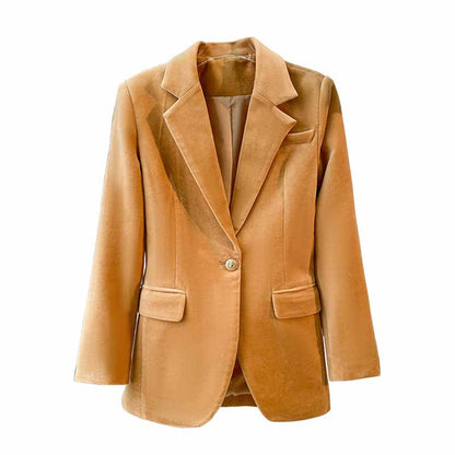 Camel velvet women's pantsuit jacket with a classic blazer cut and two front pockets