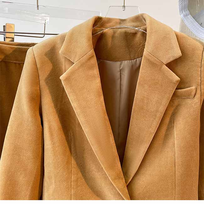 Camel velvet women's pantsuit featuring a stylish blazer with a soft texture and tailored fit