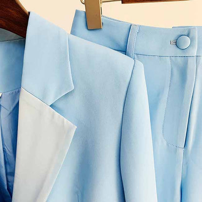 Women Sky blue Blazer + Flare Trousers Suit