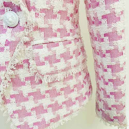 Women's Purple & White Tweed Houndstooth Luxury Fitted Double Breasted Blazer with Lion Buttons