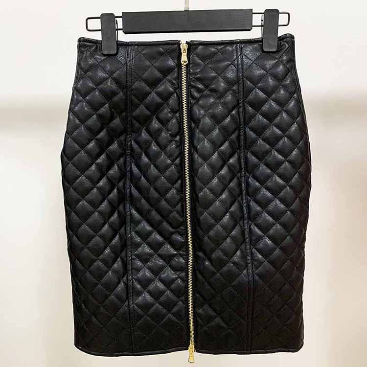 Hight Waisted Black Leather Formal Skirt Gold-tone Mini Skirt for Ladies