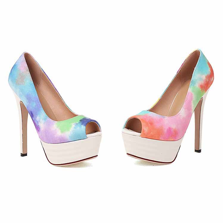 Women Peep-Toe High Heel Pump Sexy Stiletto Colorful Platform Party Dress Shoes