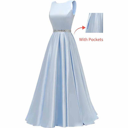 Women Long Prom Dress Satin A-Line with Beaded Belt Formal Evening Gown