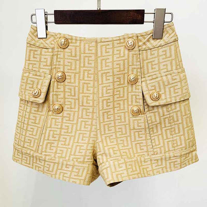 Metal Button Short Blazer & Shorts Suit In Beige