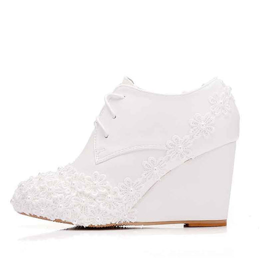 Wedding Platform Wedges Shoes Round Toe Lace Up Pumps Bridal Shoes