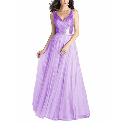 Sequin Evening Gowns V Neck Sleeveless Ball Prom Party Dress