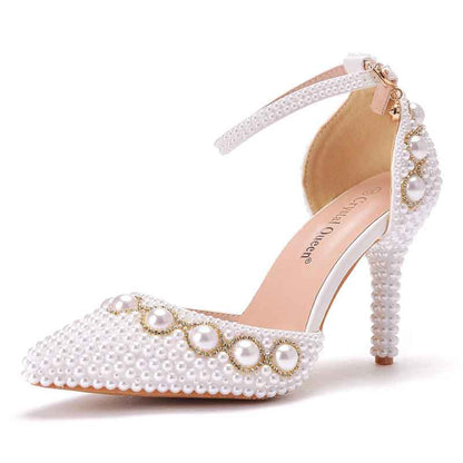 Women Pearl Studded Wedding Heels Medium Heel Bridal Wedding Party Shoes