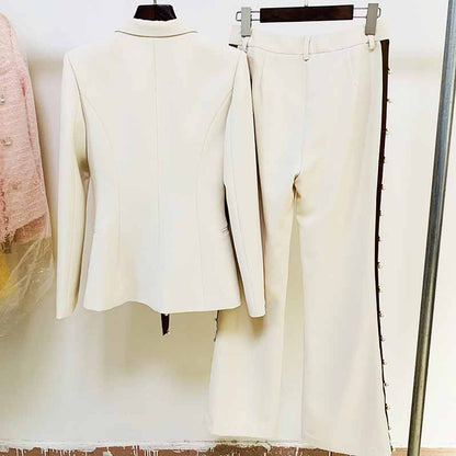 Women White Blazer Lace up Closure Coat + Flare Trousers Suit