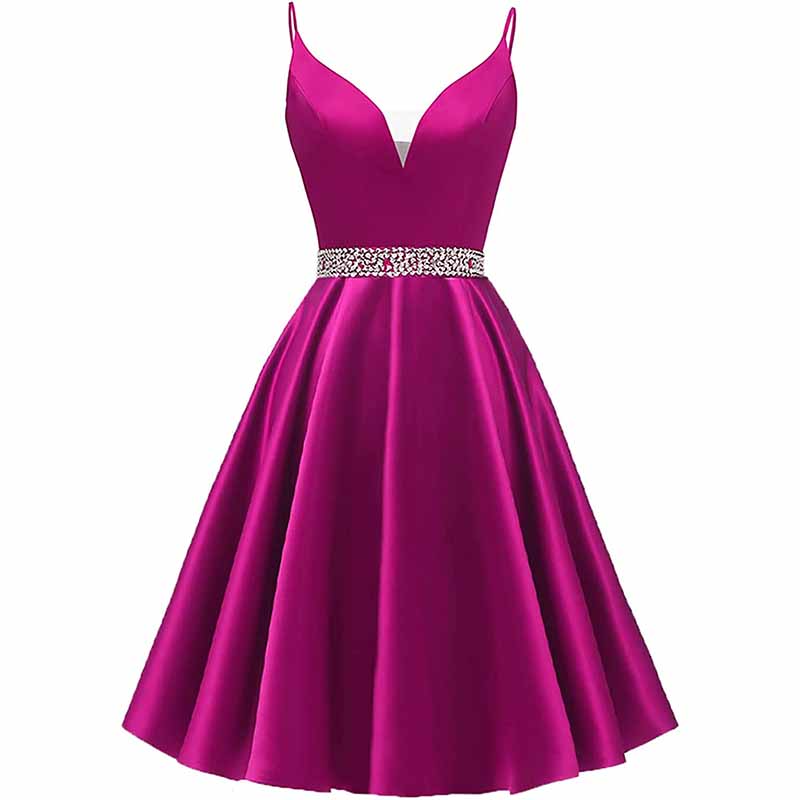 Girls Spaghetti Short Satin Prom Dress V-Neck Beaded Homecoming Evening Party Gowns