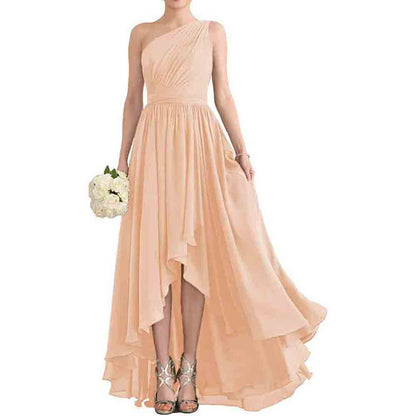 Women's One Shoulder Bridesmaid Dresses High Low Chiffon Evening Formal Gown with Pockets