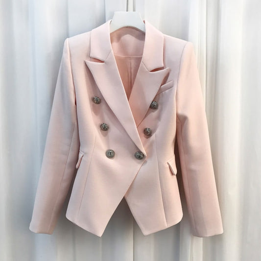 Women's Fitted Gold Lion Buttons Fitted Jacket Formal Pink Blazer