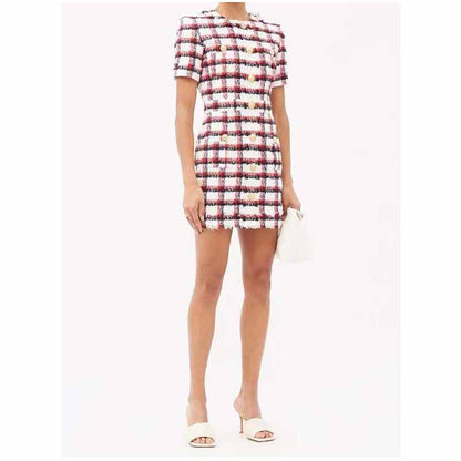 Women Round-Neck Slim Fit Short Sleeves Woolen Checkered Cocktail Dress