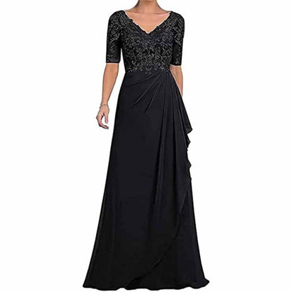 Elegant chiffon lace mother of the bride dress with a flattering V-neck and beaded bodice