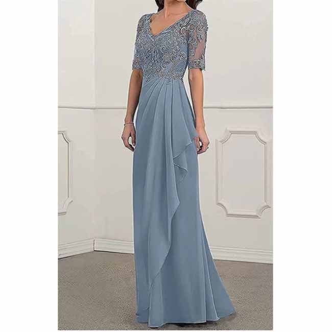 Chiffon lace mother of the bride dress in blue with elegant beaded bodice and flowing skirt