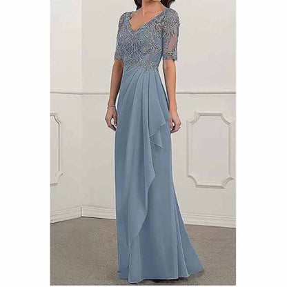 Chiffon lace mother of the bride dress in blue with elegant beaded bodice and flowing skirt